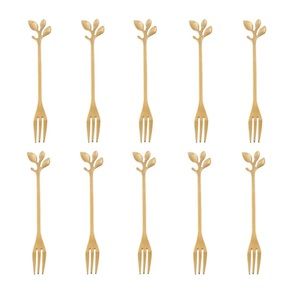 10 Pcs Stainless Steel Gold Leaf Appetizer Cake Forks Set 4.7 Inches